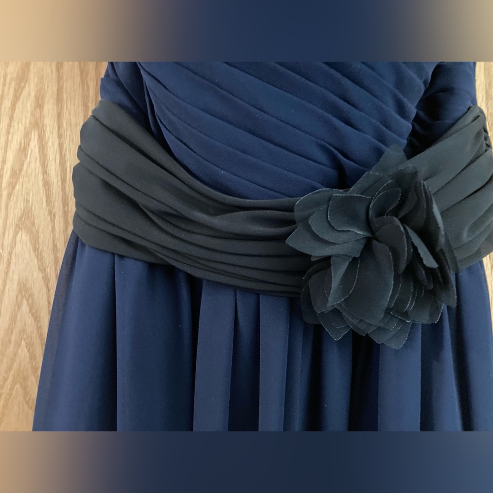 Navy Blue bridesmaid dress with black band with flower accent